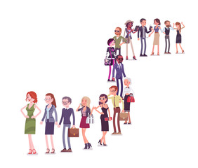 Group of diverse people queuing in a long line. Members of different nations, sex, various age and jobs standing together waiting. Vector flat style cartoon illustration isolated on white background