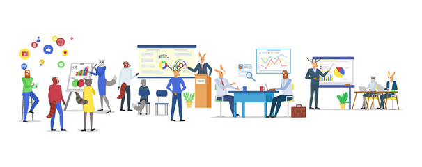 Hipster animals vector, deer giving presentation and cat manager with information on board. Raccoon and kangaroo, sloth wearing formal costume shirt