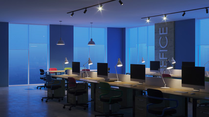 Modern office interior. Evening lighting. Night. 3D rendering.