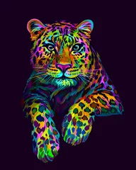 Foto op Plexiglas Abstract, grafisch, kleurrijk in neonkleuren artistiek portret van een luipaard op een donkerpaarse achtergrond. © AnastasiaOsipova