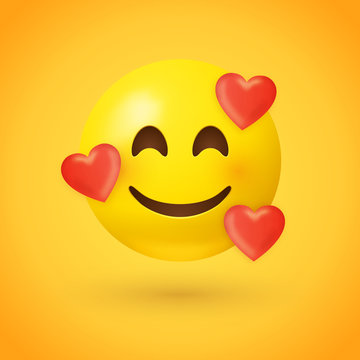 Emoji with hearts - in love face - emoticon face with smiling eyes, rosy cheeks, and three hearts floating around its head - expresses happy, affectionate feelings, especially being in love