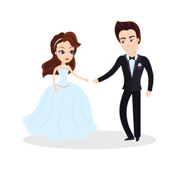 Couple in love dancing on ceremony, partying and celebration of engagement. Wedding planning vector, bride in dress and groom in tuxedo isolated cartoon characters