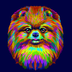 Abstract, neon color, artistic portrait of a cute Pomeranian / small German spitz dog with colored fur on a dark purple background.