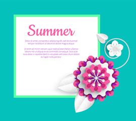 Summer template postcard decorated by flower origami, blue poster with empty square and colorful blossom ornament, greeting or poster with peony vector