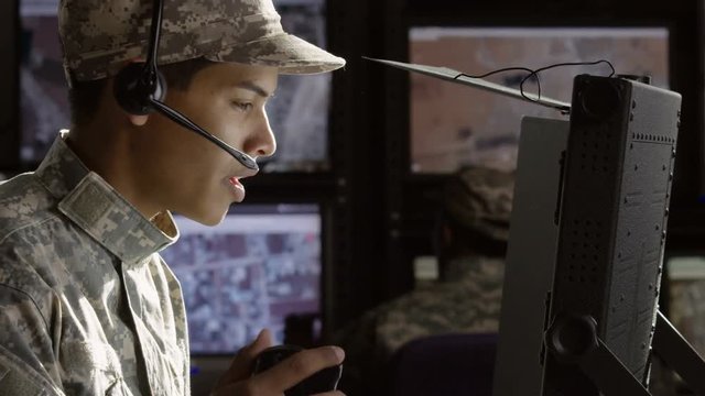 Profile shot of a military drone operator's face,  close up