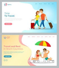 Time to travel vector man and woman walking from airport with bags and baggage. Couple on vacation enjoying cocktails and exotic beverages. Website or webpage template, landing page flat style