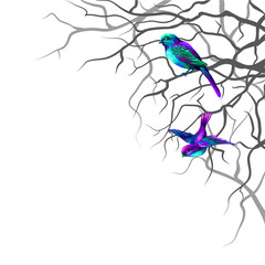 Wallpaper. Graphic, artistic image of bright, colorful, fantastic birds sitting on the branches.