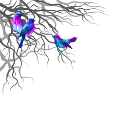 Wallpaper. Graphic, artistic image of bright, colorful, fantastic birds sitting on the branches.
