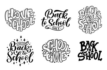 Set of Welcome back to school lettering quotes. Back to school sale tag. Hand drawn lettering badges. Typography emblem set
