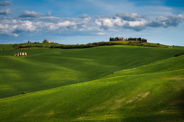 Tuscany spring, rolling hills and windmill on sunset. Rural landscape. Green fields. Italy, Europe