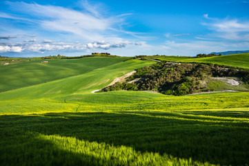Fototapeta na wymiar Tuscany spring, rolling hills and windmill on sunset. Rural landscape. Green fields. Italy, Europe