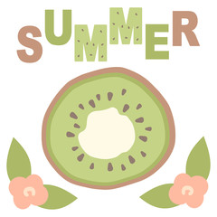 cute lovely cartoon vector summer card with hand drawn kiwi slice and flowers