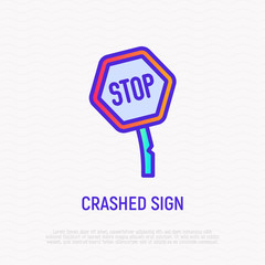 Crashed road sign. Car accident. Modern vector illustration.