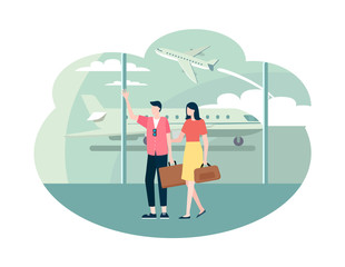 Woman and man arrived in airport vector, couple on vacation, holiday of pair walking to passport control. Flights and planes, male with sunglasses