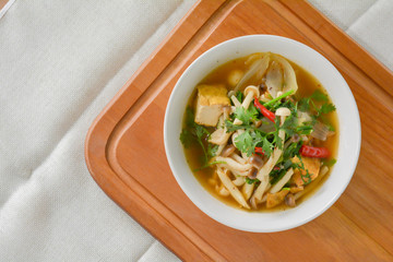 Vegan food concept. Mushroom and tofu soup.