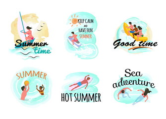 Summer time vector, windsurfing woman and people riding banana boat set, man on surfing board, surfer and swimming couple. Waterpolo game with ball