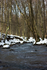 Fototapeta premium Deep lake. Nature. Water. Small river. Winter. Dark forest on background. Blue waves. Beautiful landscape. Blue sky. Cold weather.