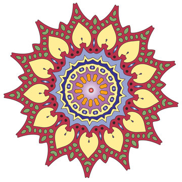 Indian vector coloring mandala, a symmetric flowers and geometrical ornament illustrations and patterned shapes, perfect for coloring books, tattoos and clothing design then for yoga and meditation.