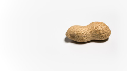 Single raw peanut in shell on white background with space on left
