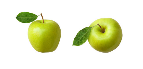 Set of green apples with leaves