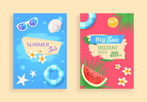 Summer sale discount set of banners with summer time items. Leaves of tropical plant, flowers and sunglasses. Seashells and stars, watermelon vector