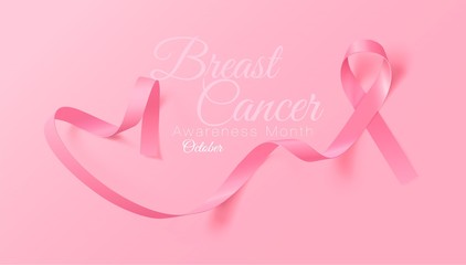 Breast Cancer Awareness Calligraphy Poster Design. Realistic Pink Ribbon. October is Cancer Awareness Month. Vector Illustration