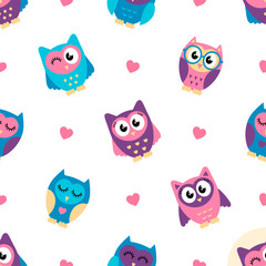 Seamless pattern with colorful owls and hearts