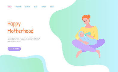 Happy motherhood and childhood, smiling mom feeding newborn with bottle, sitting parent on floor holding baby, eating child, portrait view vector. Website or webpage template, landing page flat style