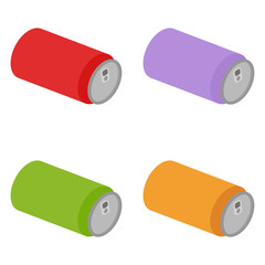Aluminum cans. Set of cans. Red, blue, green and orange cans. Vector illustration. EPS 10.
