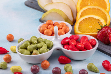 Fruit chewing gums. Assorted gummy candies. Top view. Jelly sweets.