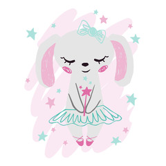 Bunny baby girl cute print. Sweet rabbit with magic wand, bow, ballet tutu, pointe shoes.