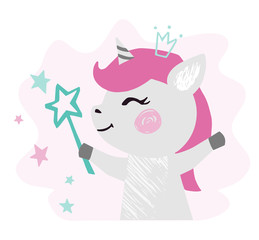 Unicorn baby girl cute print. Sweet pony with magic wand, crown.