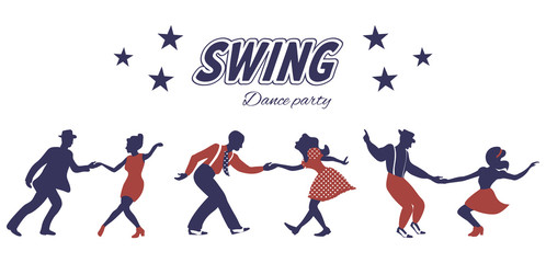 Three swing dance couples silhouettes in red and blue colors with inscription and stars on white background. 1940s style. Flat vector illustration.