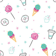 Sweet food baby cute seamless pattern. Cool illustration with ice cream, coffee, lollipop, cup cake, donut, star