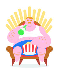 Flat style fat man with beer bottle and snack sitting on sofa that looke like a throne vector illustration