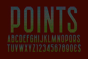 Points letters and numbers with currency signs. Blue green gradient dotty font. Isolated english alphabet.