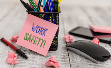 Word writing text Work Safety. Business photo showcasing policies and procedures in place to ensure health of employees Writing equipment and paper plus scraps with gadgets on the wooden desk