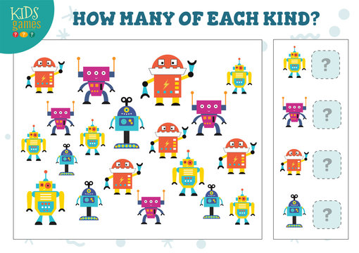 How many of each kind cartoon robot kids counting game vector illustration
