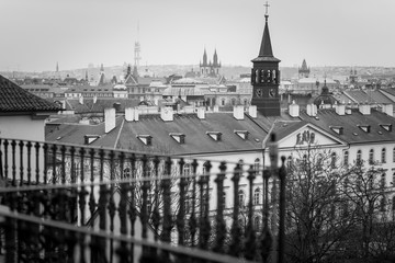 Black and white shot of the historical architectural buildings in Prague, Czhech Republic.