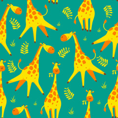 Fototapeta na wymiar Seamless pattern with funny cartoon giraffes and plants on green background