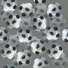 Clear and transparent football balls on gray background, seamless pattern, acrylic drawn