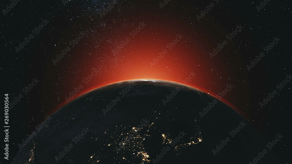 Canvas Prints planet earth orbit zoom in red sunlight radiance. celestial navigation starry galaxy background sola