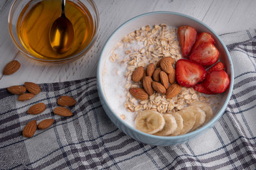 Breakfast table top view. Oatmeal. Muesli. Healthy food. Granola. Organic meal.