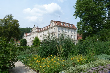 Fototapeta na wymiar Blumenrabatte und barockes Kurhaus in Bad Brückenau