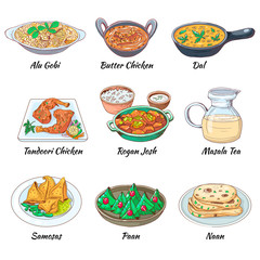 Indian food set. Asian traditional cuisine collection with different dishes and drink. Masala tea and Dal, Butter chicken and alu gobi, samosas and paan  naan. Vector hand drawn illustration.