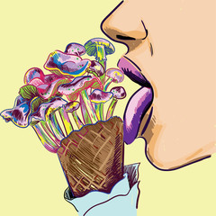 Stylish print girl licks mushroom. Ice cream mushrooms. Hallucinogenic mushrooms. Pop art, cheeky, youth poster.