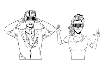 couple wearing virtual reality headset black and white
