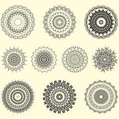 Indian vector and decorative set of mandala and geometrical ornament and illustrative pattern, perfect for coloring book, tattoo, and any kind of prints fabric design, also for yoga and meditation.