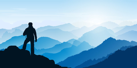Man looking at the mountains. Mountain  landscape. Morning in the mountains. Tourism, sport and travelling. Vector  design