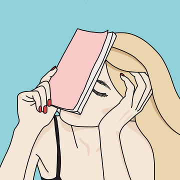 Illustration of a Young Blonde Woman Sitting  Holding a Pink  Blank Book in Front of Face on Light Blue Background